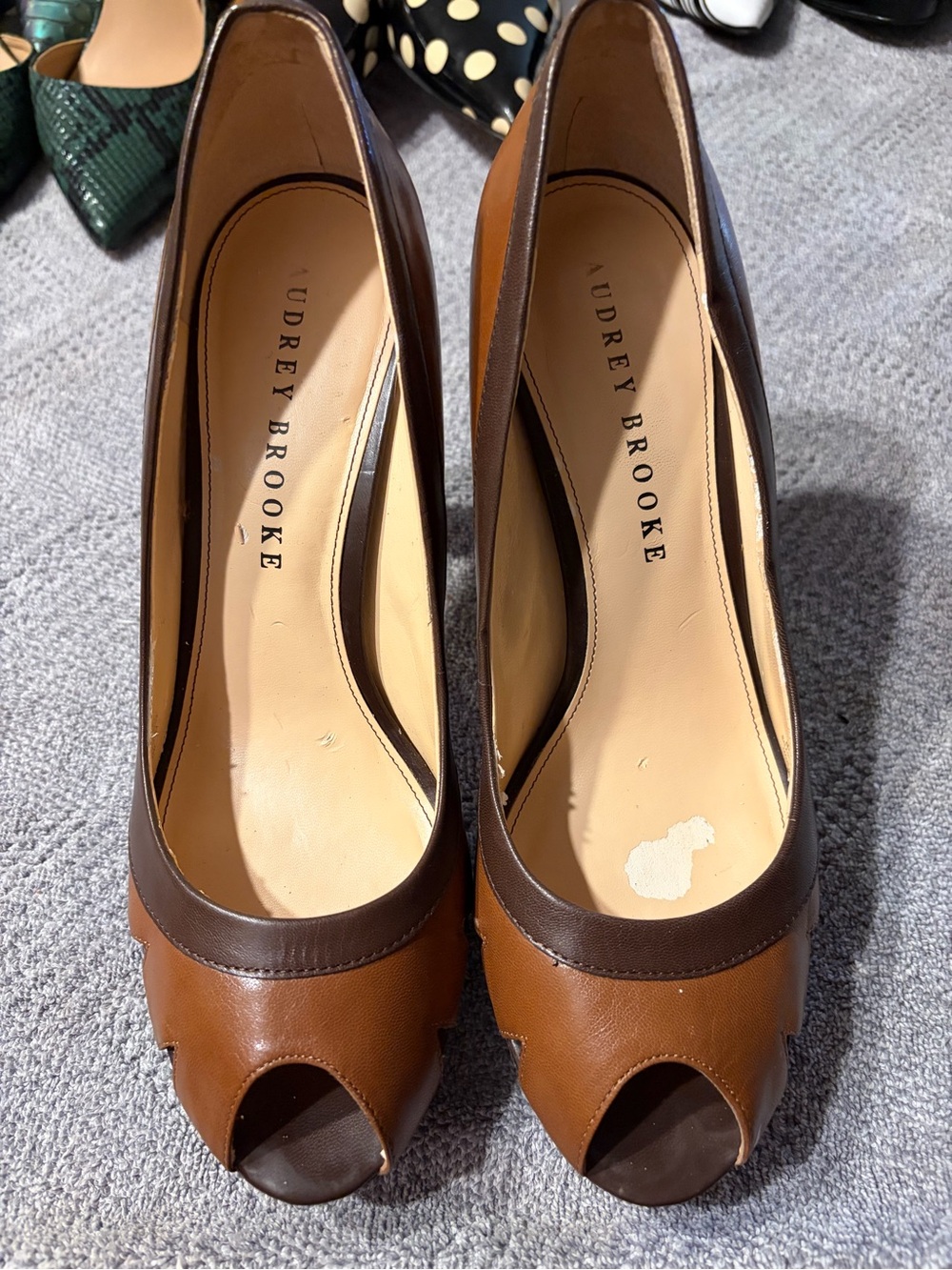 Audrey Brooke Two-Tone Brown Peep Toe Pumps